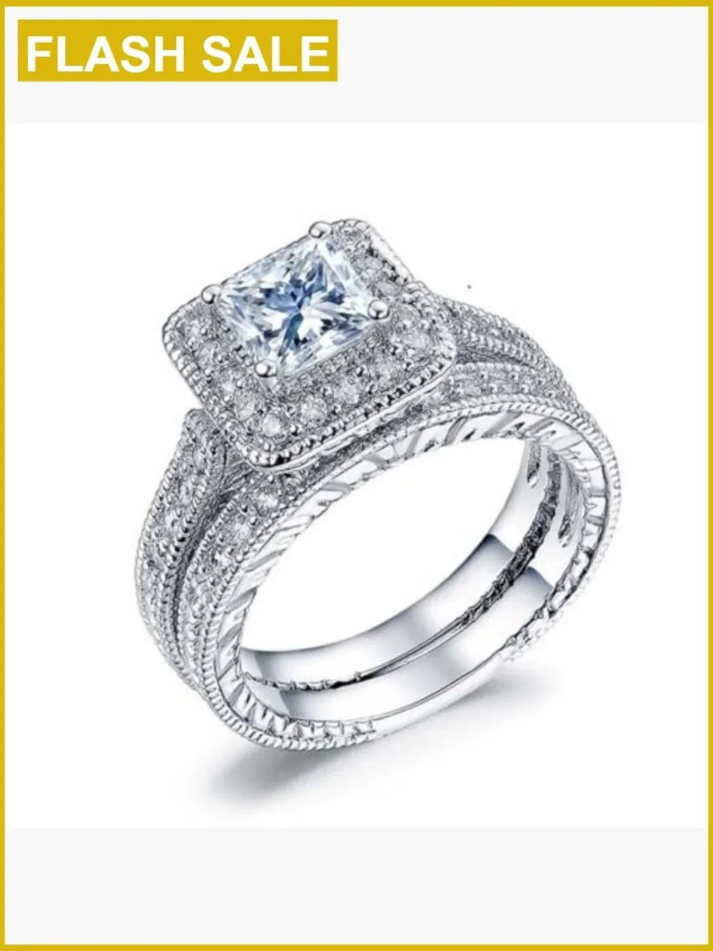 Halo Cubic Zirconia Wedding Ring Set Size 9 Double Layer Sterling Silver